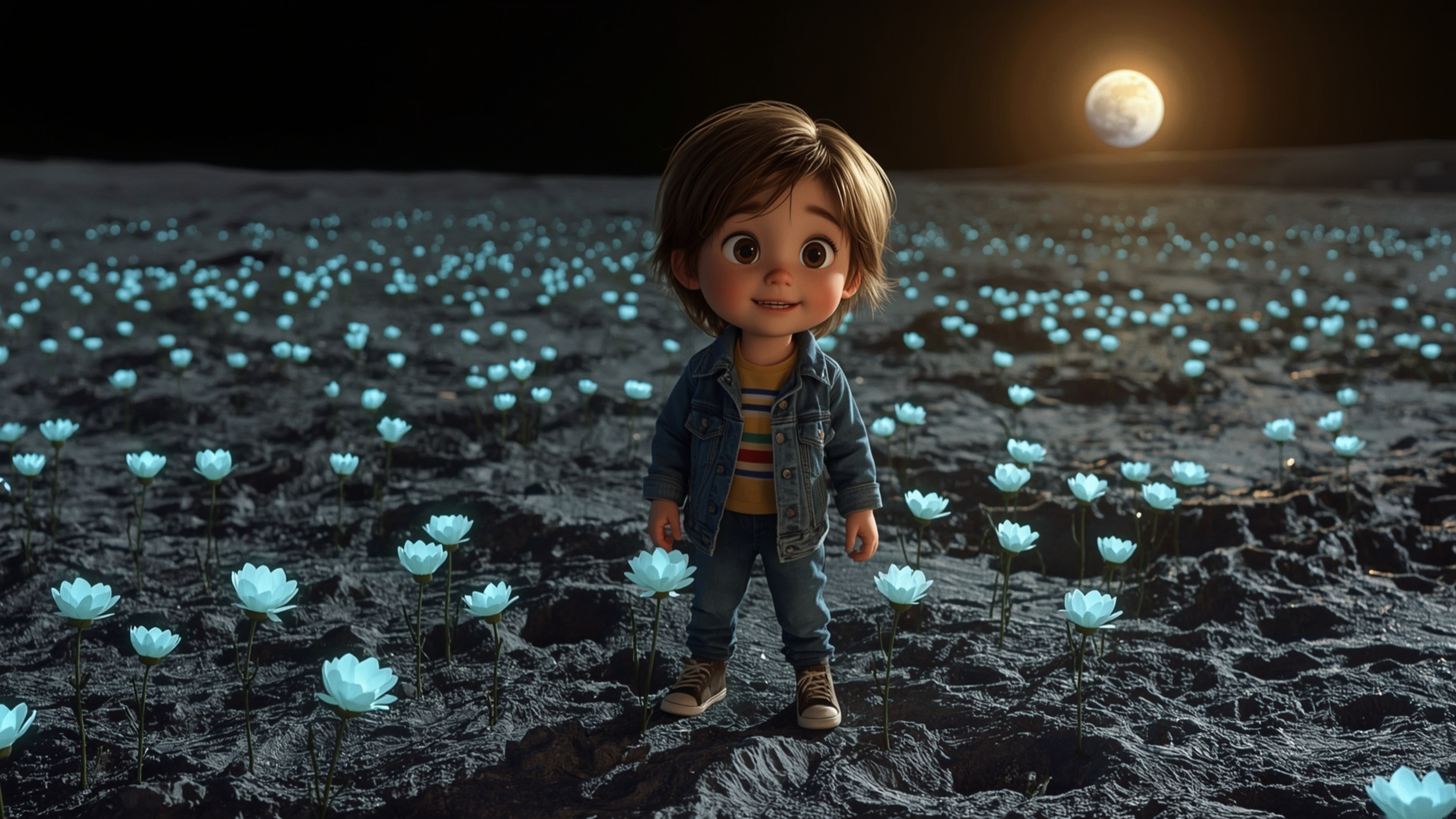 Step into a heartwarming, cinematic scene reminiscent of Pixar's magic. A curious, freckled-faced kid with a beaming smile st