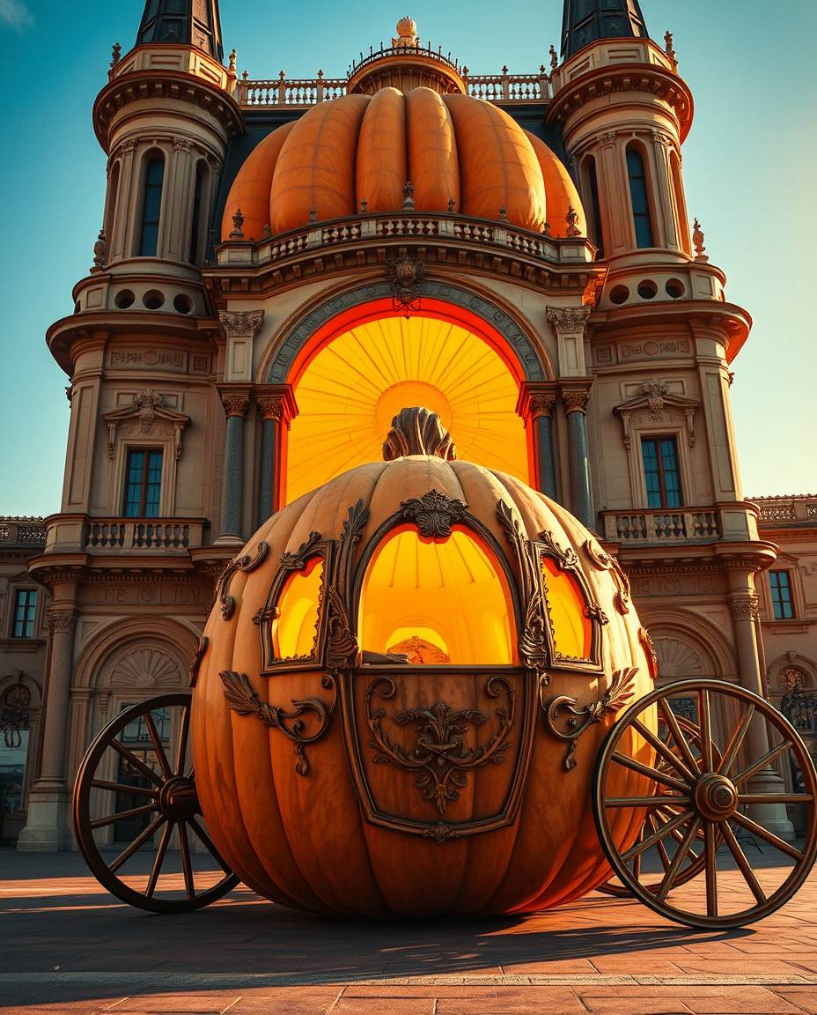 Enchanting architectural photography capturing a magical pumpkin transforming into a carriage.  Experience the warm golden gl