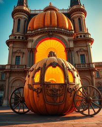 Enchanting architectural photography capturing a magical pumpkin transforming into a carriage.  Experience the warm golden gl