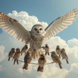 A captivating high fashion photograph showcases a blind owl with a wise and gentle expression, its soft gray and white feathe
