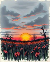 An eerie and creepy hand-drawn sketch in a color sketchnote style, depicting a spring sunset over a wildflower meadow. This u