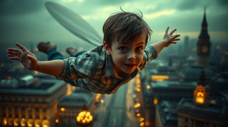 A captivating fine art photograph featuring a young boy with refined features seemingly flying above London, propelled by tra