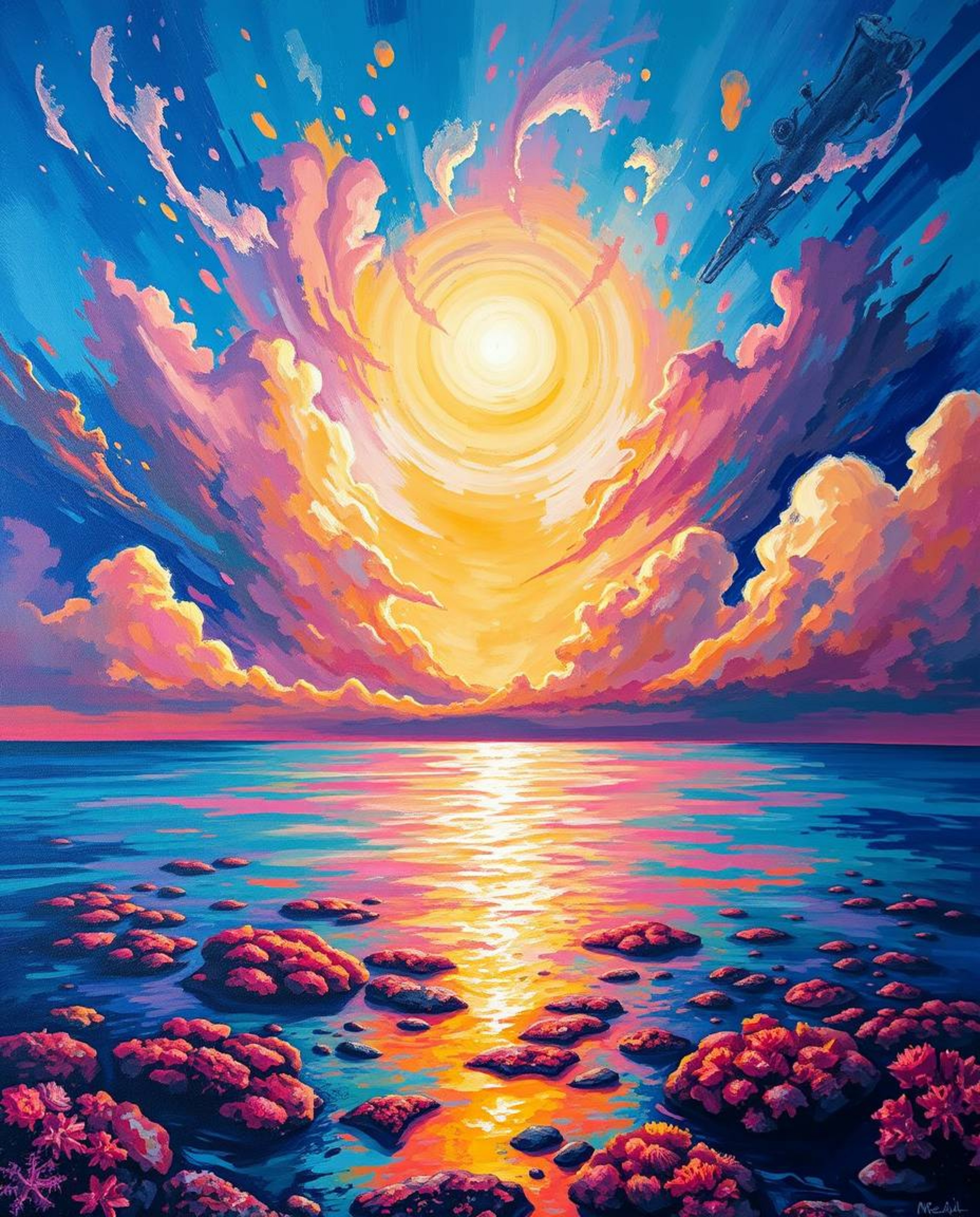 A bold acrylic painting captures a colorful sky over a coral reef at low tide, radiating an ethereal and spiritual vibe. This