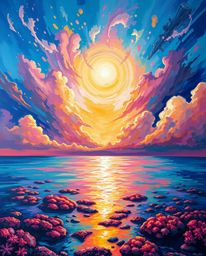 A bold acrylic painting captures a colorful sky over a coral reef at low tide, radiating an ethereal and spiritual vibe. This