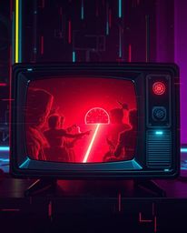 A captivating image depicting a futuristic sci-fi scene on a TV screen, rendered in a retro style with RGB separation.  Inten