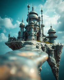 Explore a surreal floating island boasting bizarre and captivating architecture. This image features a tight close-up shot sh