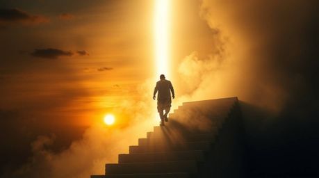 A solitary figure ascends a stone staircase towards a radiant beam of divine light, bathed in dramatic, high-contrast illumin