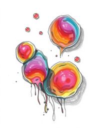 A captivating hand-drawn sketch showcases floating 3D blobs of fluid jelly, illuminated with contrasting chiaroscuro lighting