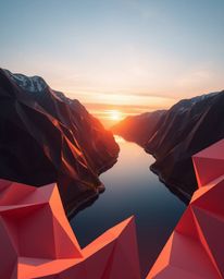 An intricate origami-style artwork viewed from a high-angle perspective, looking down on a glassy fjord reflecting a sunset. 