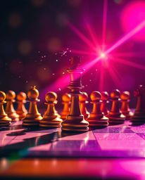 Experience the intense energy of a chessboard frozen mid-destruction, showcasing chess pieces suspended in air against a back