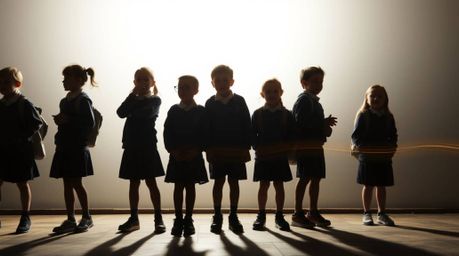 A captivating long exposure photograph captures a group of uniquely quirky children in school uniforms conducting science exp