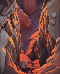 A classic oil painting captures a sunset illuminating sandstone cliffs in a canyon from an overhead bird’s eye view. This uni