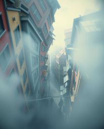 Immerse yourself in a dreamlike urban landscape where the boundaries of reality blur. A soft cinematic haze envelops a surrea