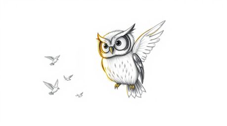 A heartwarming hand-drawn sketch depicts a blind owl, rendered in Pixar style with softly glowing golden feathers bathed in a