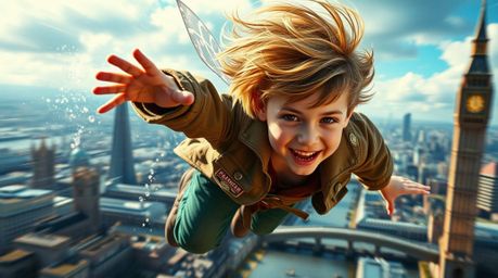 A dynamic young boy with windblown hair soars above the London skyline, propelled by magical pixie dust.  Rendered in vibrant