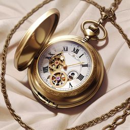 A captivating image showcases a polished brass pocket watch, meticulously crafted with intricate engravings. The watch rests 