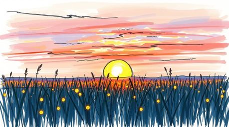 Explore a vibrant hand-drawn sketch in a colorful sketchnote style, capturing the magical essence of a sunset over a tranquil