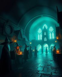 Explore a magical school brimming with young wizards, bathed in an eerie atmosphere enhanced by smooth gradient transitions a