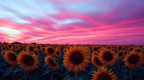 A stunning architectural color photograph captures a breathtaking sunflower field bathed in the warm glow of a deep red and p