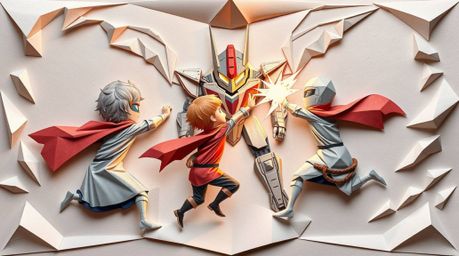 Witness an intricate origami-style illustration depicting a dynamic battle between three superpowered children and a formidab