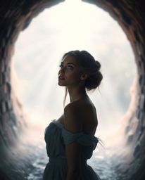 A captivating image depicts a refined figure standing at a tunnel's entrance, gazing towards an ethereal light.  The scene ev