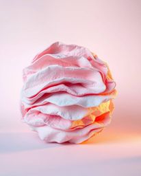 A captivating image showcasing a sculpted papier-mâché piece in soft pastel pink, blue, and violet hues. Bathed in warm golde