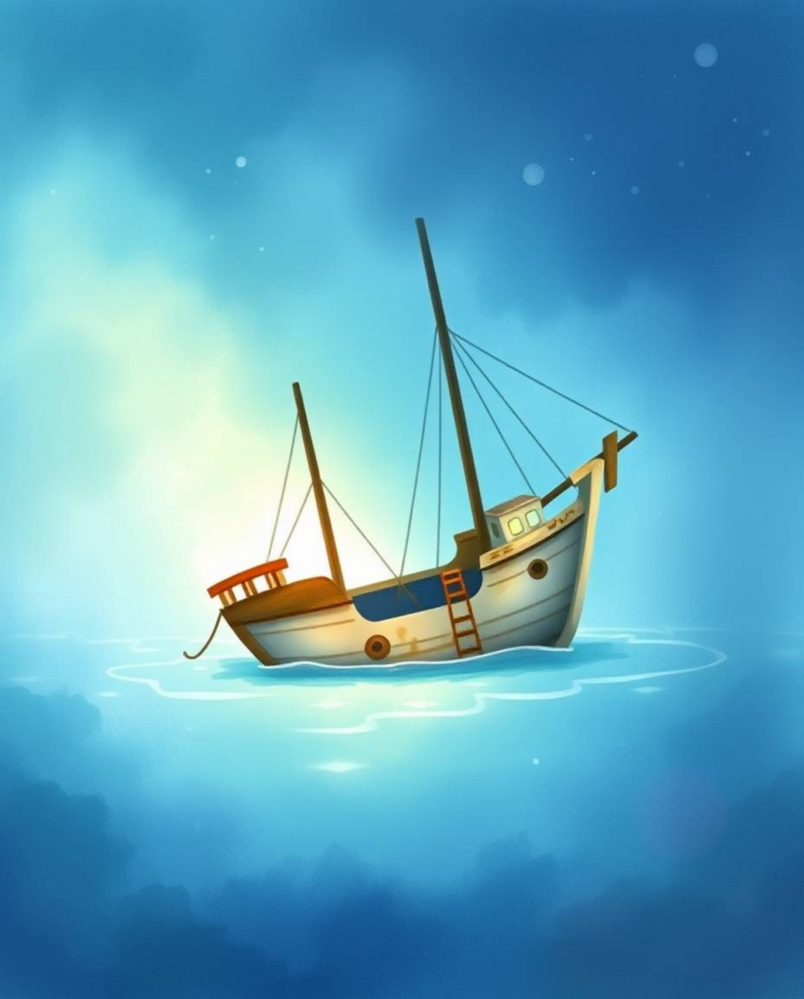 Discover a charming watercolor painting depicting an adorable shipwreck gently illuminated deep underwater.  Soft pastel colo