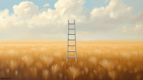 This classic oil painting depicts a minimalist scene featuring a silver ladder standing in an open field beneath a wide, clou