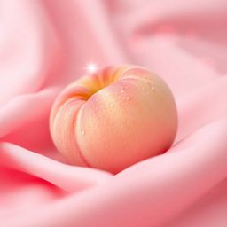 A high-angle, modern flat design image featuring a close-up, ASMR aesthetic view of a soft, blushing pink peach resting on si