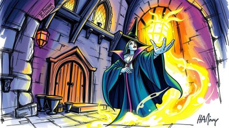 A captivating hand-drawn sketch featuring a classic Disney villain casting a spell within the aged walls of an old castle. Th