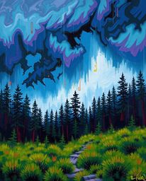 A bold and intense acrylic painting depicts a stormy forest scene overlaid with a digital glitch effect.  The surreal contras