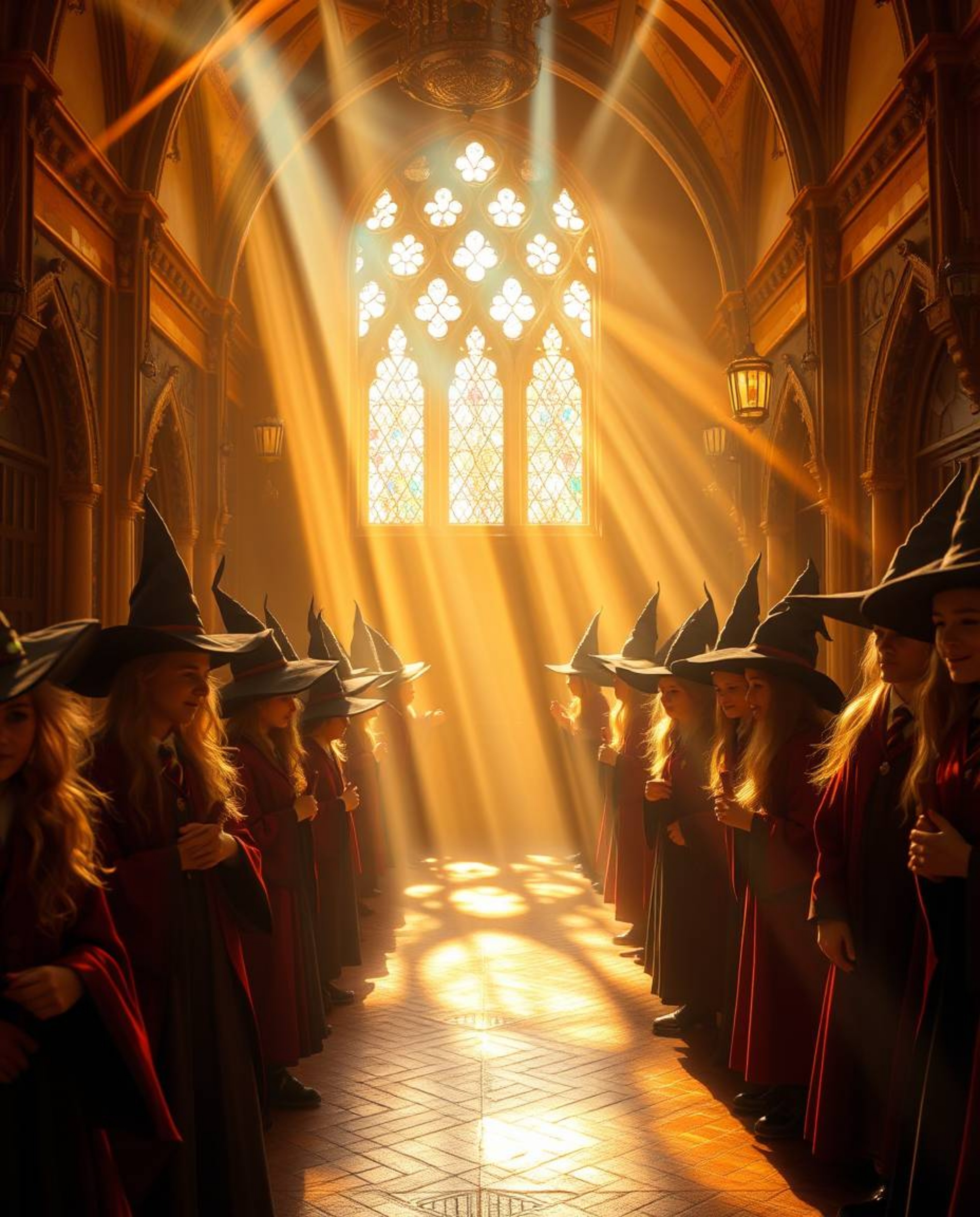 Immerse yourself in a magical school brimming with young wizards, bathed in warm golden light, vibrant colors, and captivatin