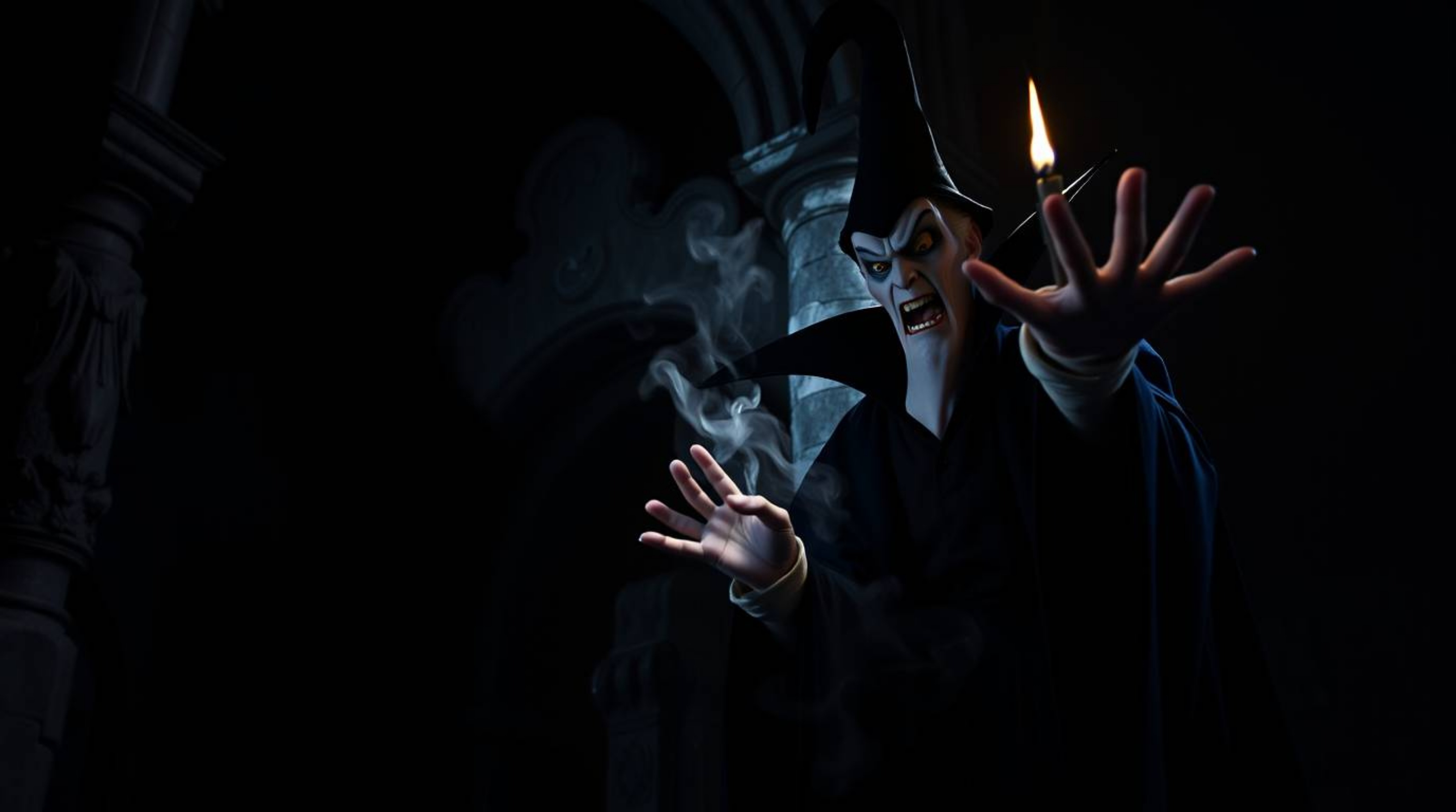 A captivating high-resolution stock photo depicts a classic Disney villain casting a spell within the ominous walls of an anc