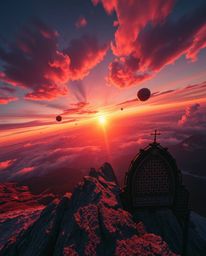 Experience a dreamlike and surreal sunset from a high alpine peak, captured from a breathtaking overhead bird's-eye view. Thi