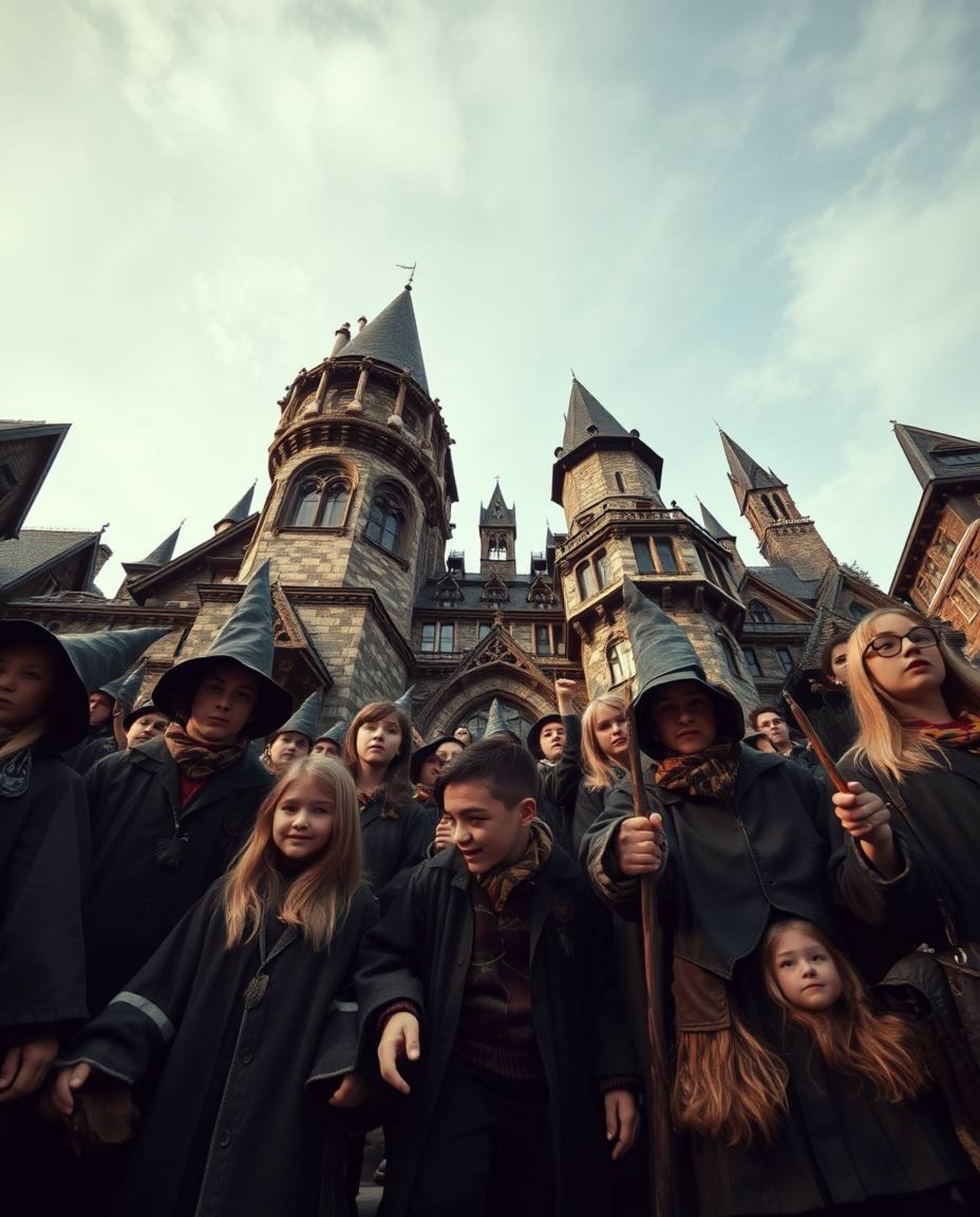 Experience a magical school brimming with young wizards captured from a dramatic, low-angle perspective. Rendered in natural 