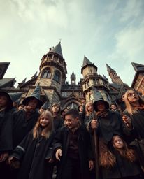 Experience a magical school brimming with young wizards captured from a dramatic, low-angle perspective. Rendered in natural 