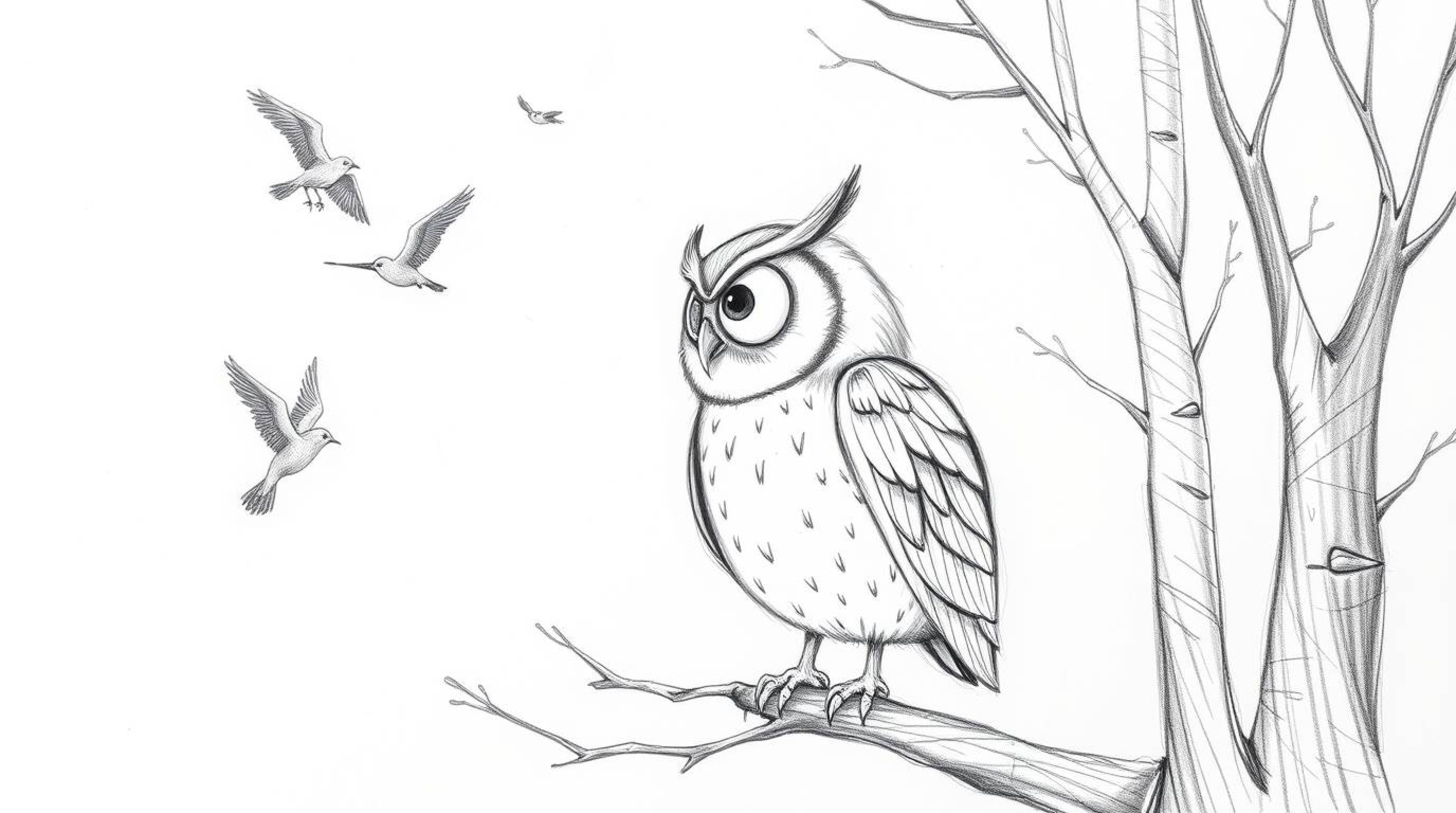 A captivating hand-drawn pencil sketch depicts a blind owl, in the style of Pixar, using its heightened senses to guide birds