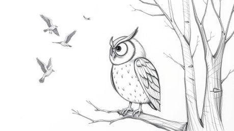 A captivating hand-drawn pencil sketch depicts a blind owl, in the style of Pixar, using its heightened senses to guide birds