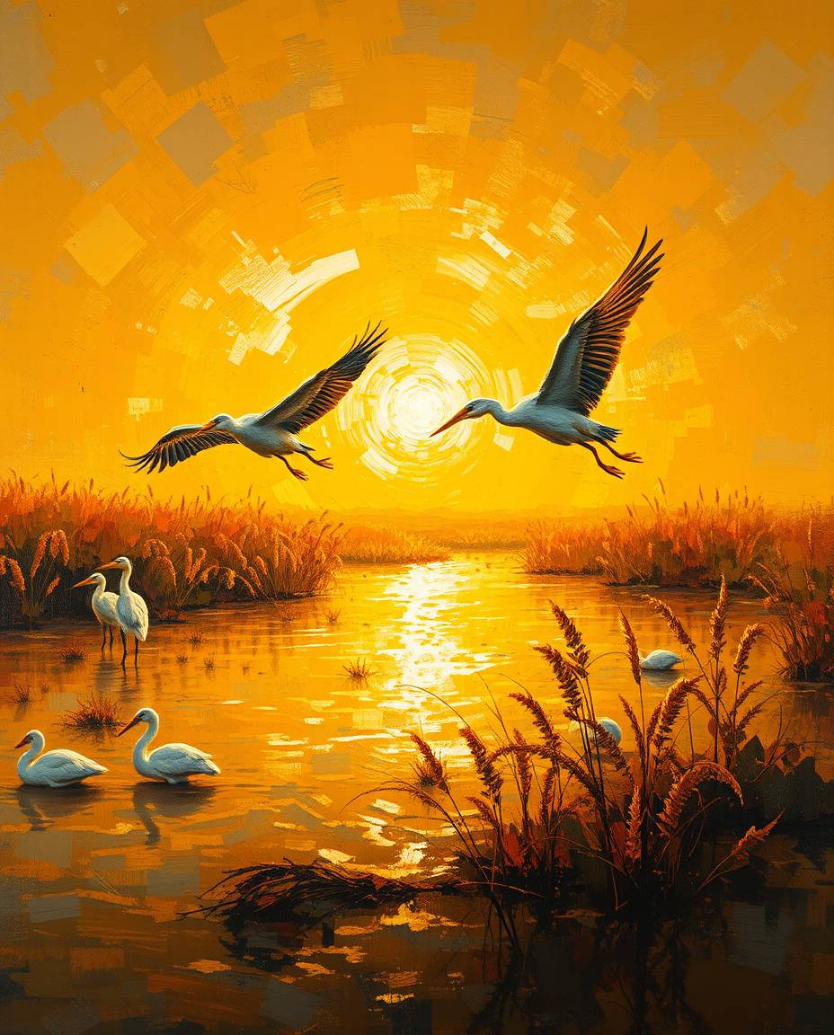 A classic oil painting depicts herons flying during the golden hour in wetlands, exuding a warm golden glow and rich textures