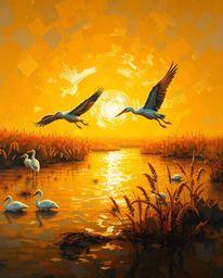 A classic oil painting depicts herons flying during the golden hour in wetlands, exuding a warm golden glow and rich textures