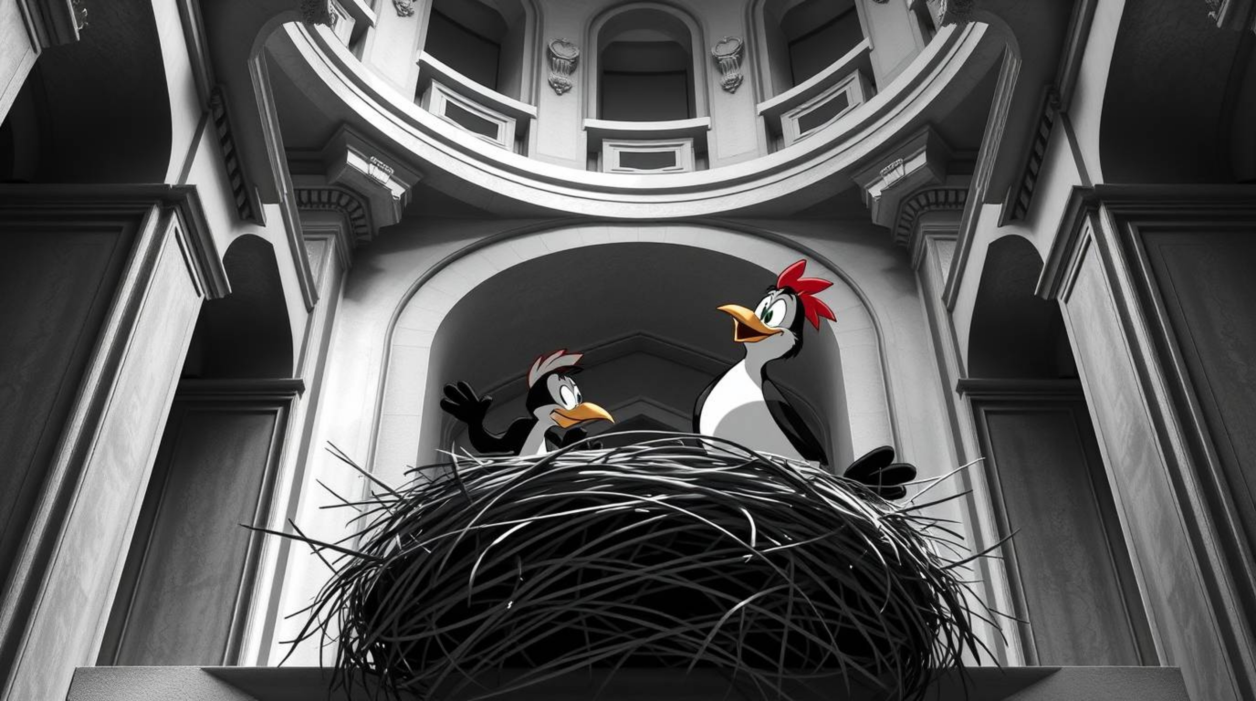Precise architectural color photography, rendered in a classic black and white style, depicts two cartoon birds meticulously