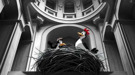 Precise architectural color photography, rendered in a classic black and white style, depicts two cartoon birds meticulously
