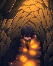 A captivating high-angle Isekai anime illustration portrays a child with bright eyes and dark hair embarking on a journey int