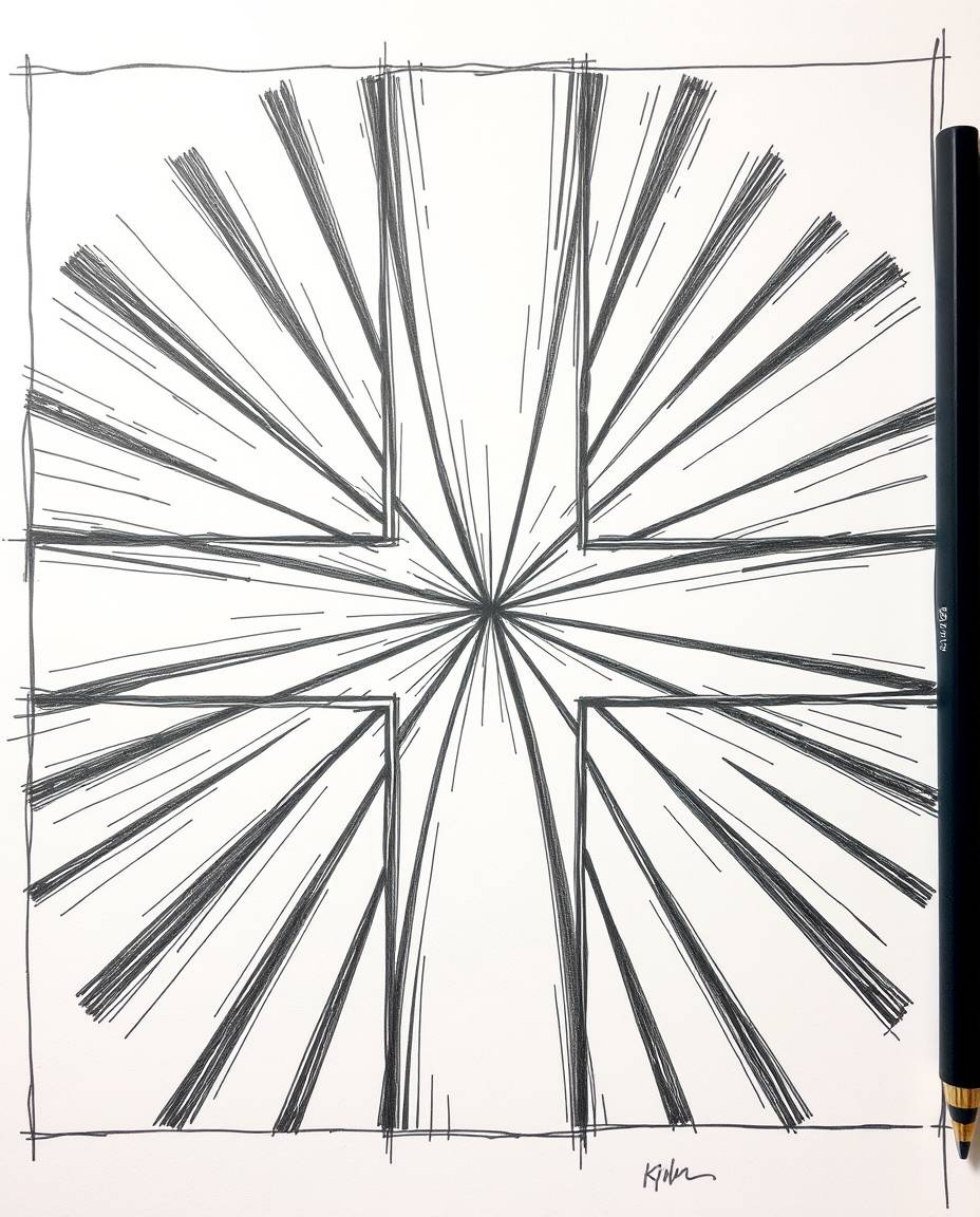This artwork presents a hand-drawn sketch bursting with electric vivid colors. It depicts a captivating black and white geome