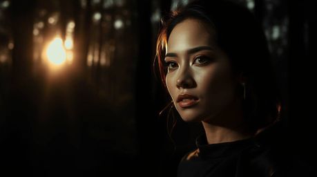 An elegant chiaroscuro portrait is showcased, bathed in the warm glow of a sunset filtering through a dense forest.  The grac