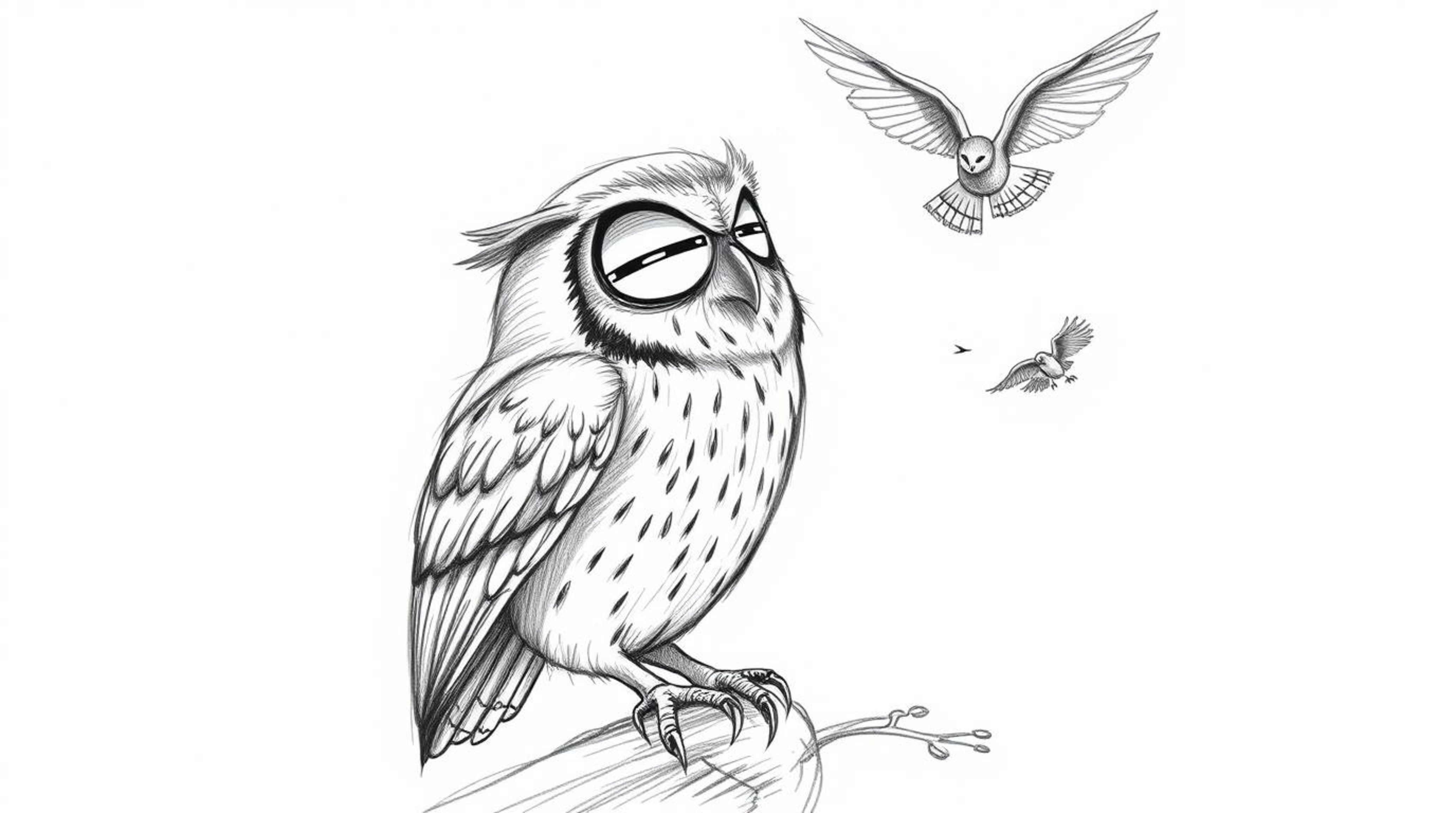 A heartwarming hand-drawn sketch, reminiscent of Pixar animation, depicts a wise blind owl patiently instructing birds in the
