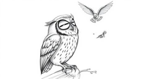 A heartwarming hand-drawn sketch, reminiscent of Pixar animation, depicts a wise blind owl patiently instructing birds in the