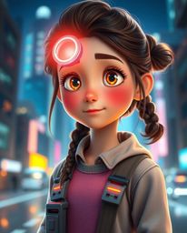 Discover a captivating image of a young, bright-eyed inventor girl in a futuristic city, rendered in a stunning Pixar-like st
