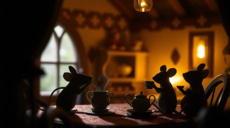 A captivating long exposure photograph depicts anthropomorphic mice enjoying a tea party within a cozy cottage.  The backlit 