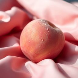 A captivating close-up ASMR image showcasing a soft, blushing pink peach resting on silky pastel pink fabric. Rendered in a c